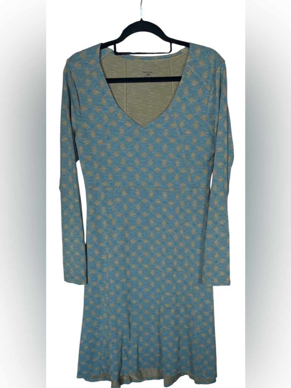 Women's medium v-neck A-line midi dress in blue and brown geometric shapes.